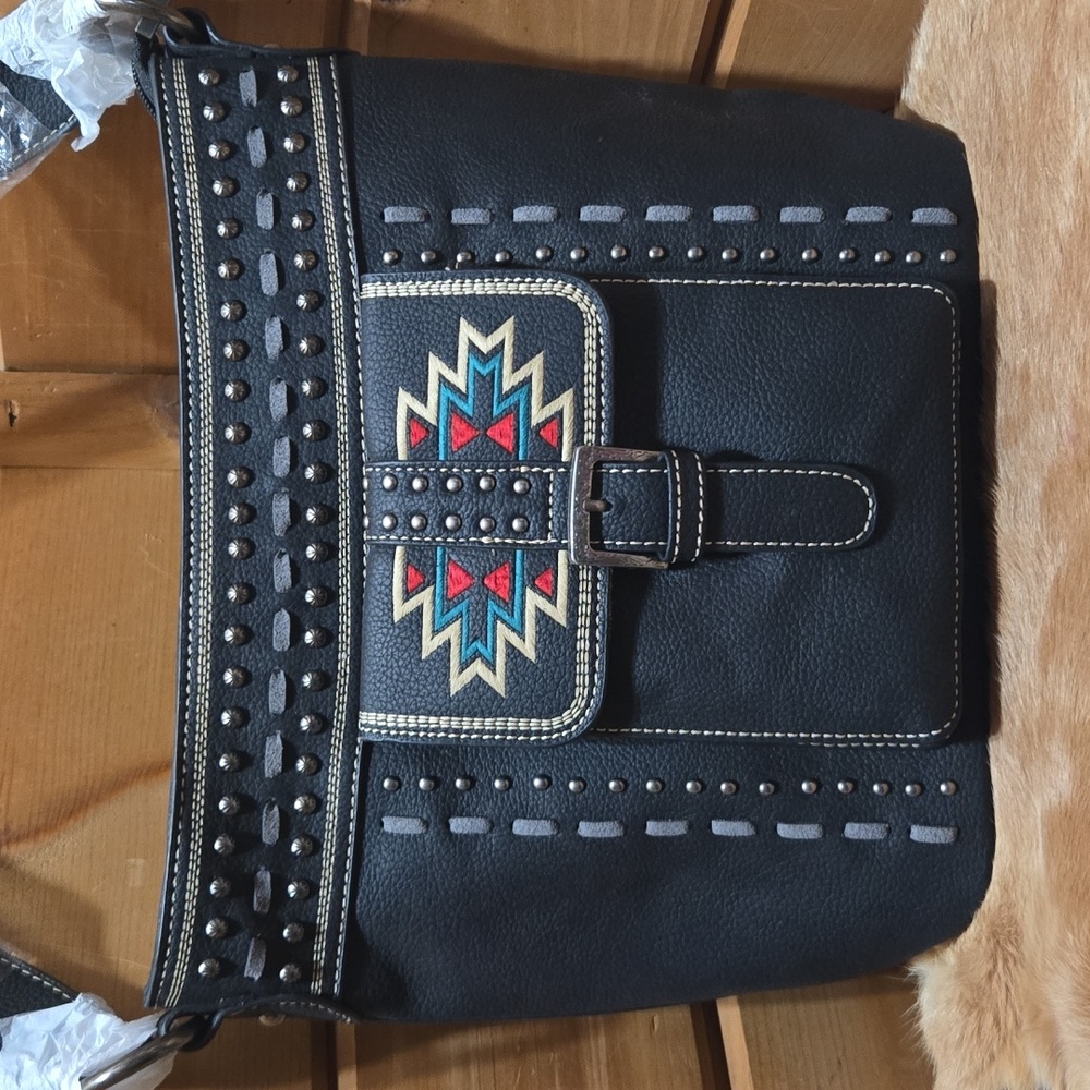 Montana West Studded Carry Concealed Black Aztec Print Shoulder Bag NWT
